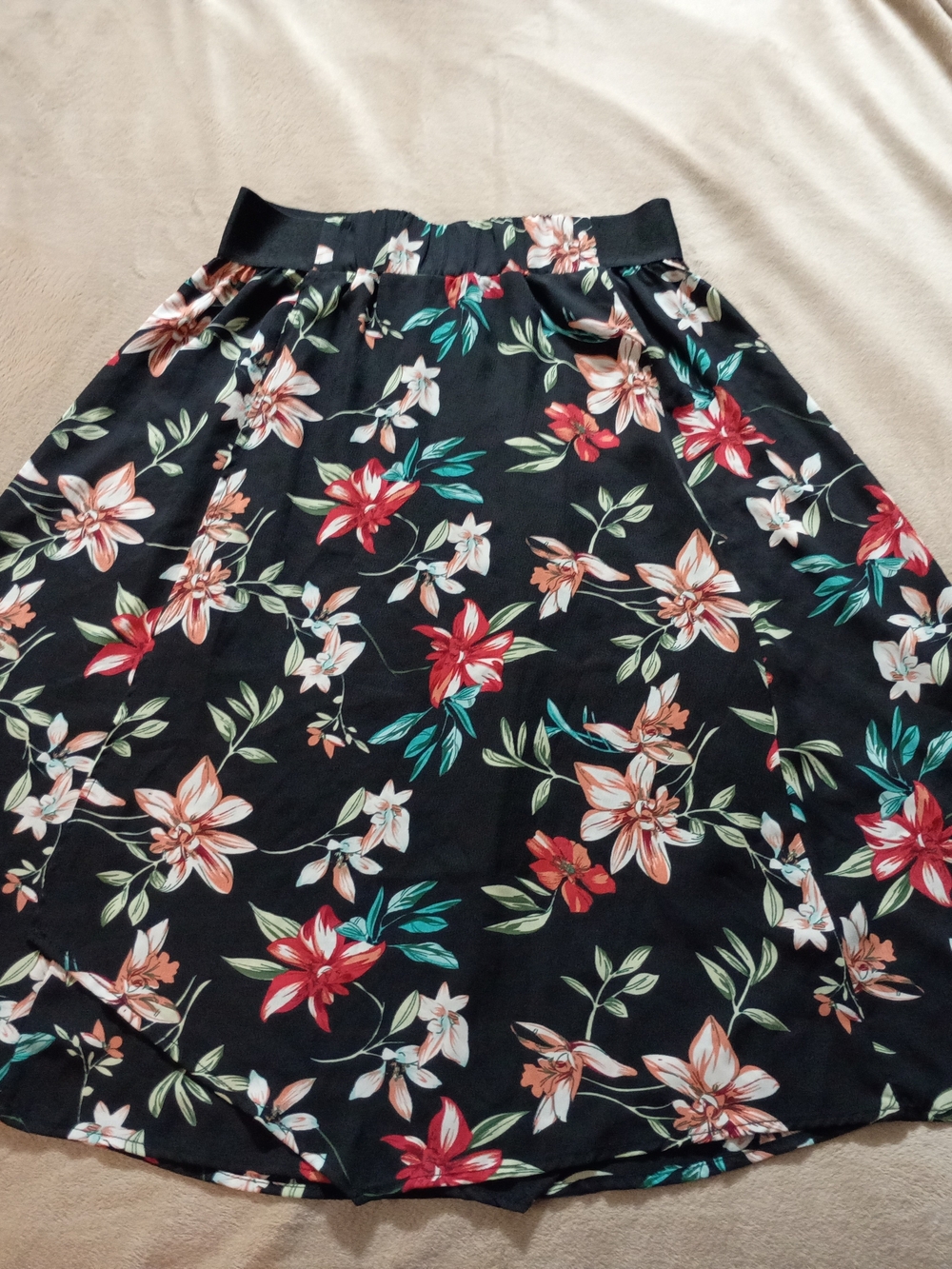 Neesha Black Floral A-Line Skirt with Red & Cream Blooms